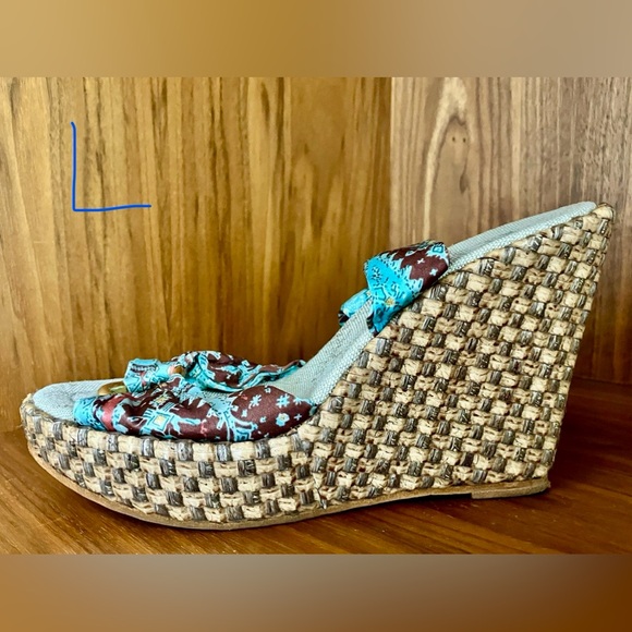 EUC VTG PELLE MODA Printed Scarf Tie Wedge Espadrilles 6.5 Aqua/Rust Brown/Gold - Picture 7 of 16